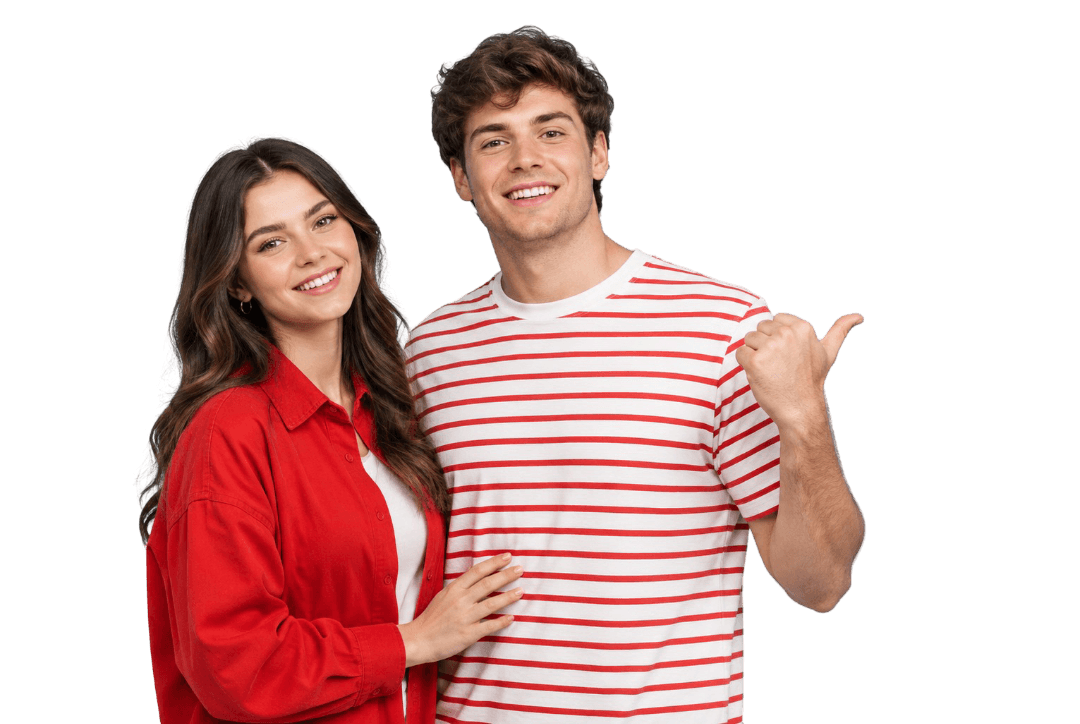 Smiling couple pointing to the sign-up form